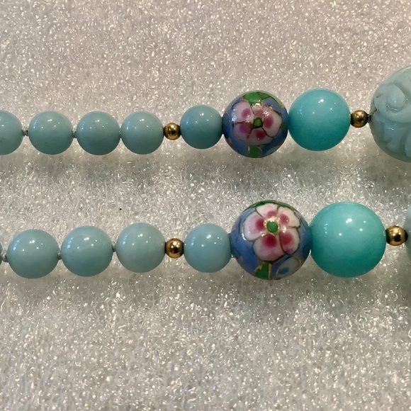 Vintage Blue Beaded Necklace With Carved and Cloisonné Style Gemstone Beads - Picture 4 of 9